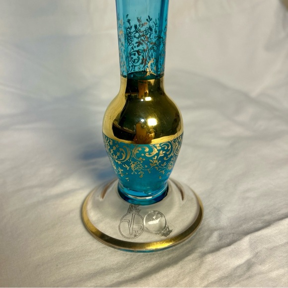 🔹 Vintage VR Crystal Vase Blue Clear Gold Rim 8” West Germany Label - Picture 2 of 10